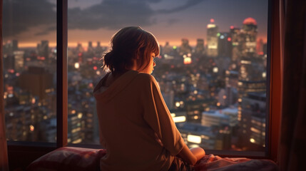alone, young lady, girl, Manshon, hotel, tower, high floor, bed, morning glow, sunset, sunrise, night view