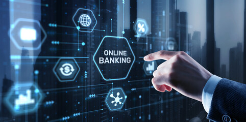 Banking Online Internet Payment Technology. Businessman presses a button Banking