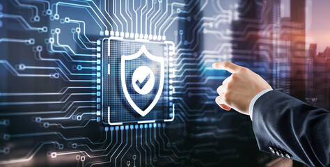 Businessman clicking on virtual screen Cyber Security Data Protection Business Privacy concept