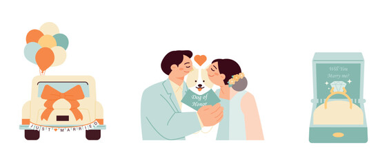 wedding. The groom and the bride as a family with a wedding car and a dog. wedding ring.