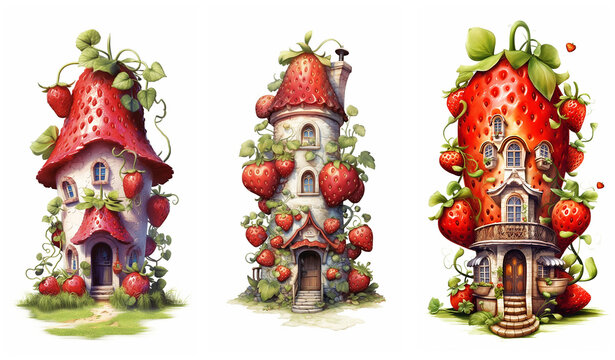 Watercolour fantasy strawberry houses. Greeting cards and envelopes artwork project 1.