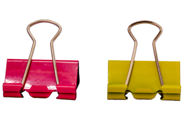 Two metallic pink and yellow paper clips