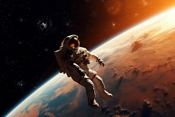 Obraz na płótnie Canvas Astronaut on background of planet Earth and the moon. Solar system - Generative AI
