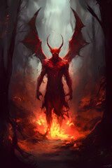 horned demon with wings evil creature monster from hell devils army warrior in flame forest full body digital brush painting portrait created with Generative AI technology