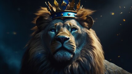 portrait of a lion in the night, a full body preview a lion with a crown on it's head, trend in art station, cinematic blue and gold, the artist has used bright, wallpaper, Generative AI