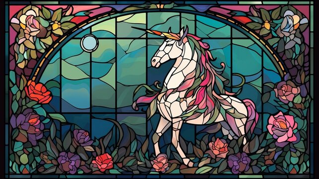 adorable unicorn stained glass window digital art style cute adorable sweet magical whimsical illustrated artsy surrounded by flowers beauty and the beast vibes framed jewel tones, Generative AI