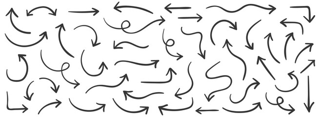 Hand drawn arrows icons vector design. Swirls arrows doodle lines icon set