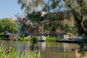 Pleasure boat. The boat floats on the river.