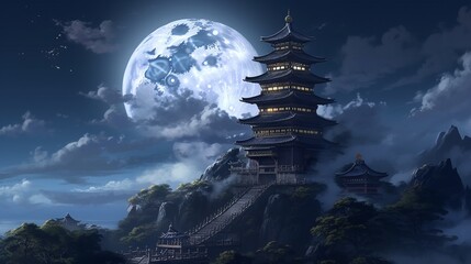 pagoda in the sky with moon and moon lights, in the style of realistic fantasy artwork, richly detailed genre paintings, dark gold and silver, wallpaper