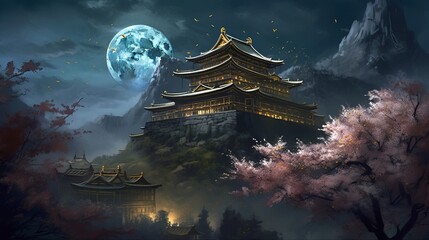 Fototapeta beautiful tibet night scene wallpaper background, in the style of gothic illustration, religious building, cherry blossoms, view of chinese temple, view of the temple of heaven, Generative AI obraz
