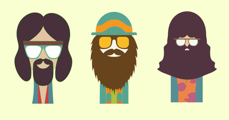 Set of retro hippie groovy characters - stylized men with glasses and beard