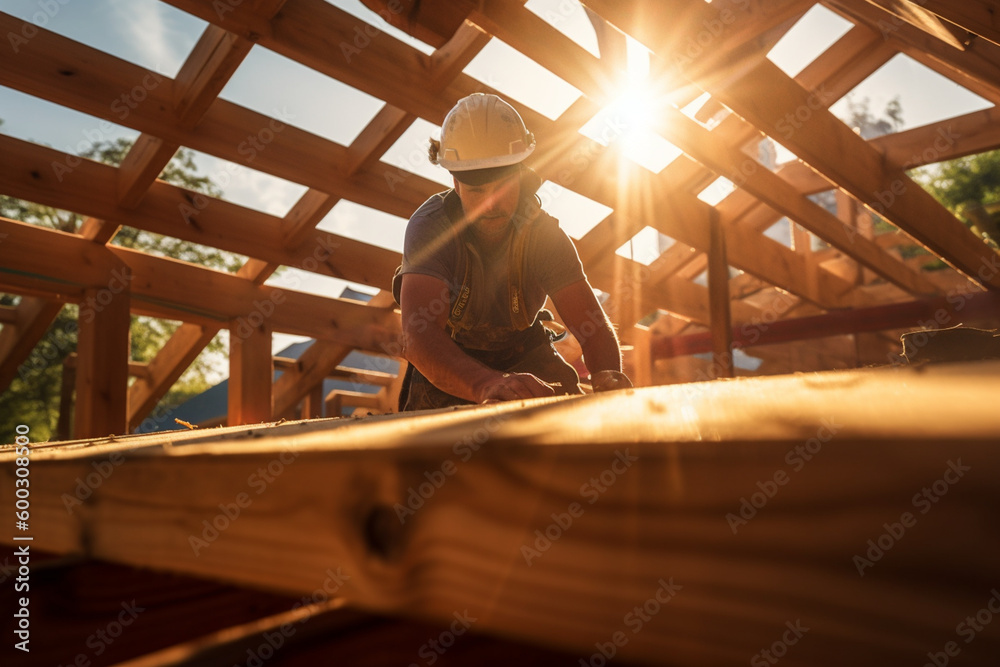 Wall mural a male building tradesman works on a wooden roof structure with generative ai