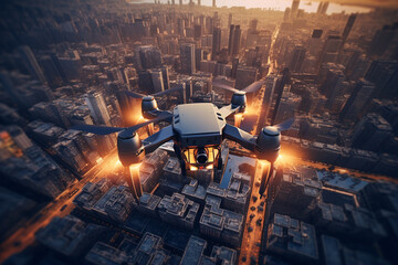 the drone is flying through a city with Generative AI