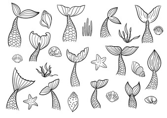 Mermaid tail with shell, seaweed, starfish cute vector icon set. Line sea fish hand drawn silhouette isolated on white background. Black contour marine tale girl elements. 