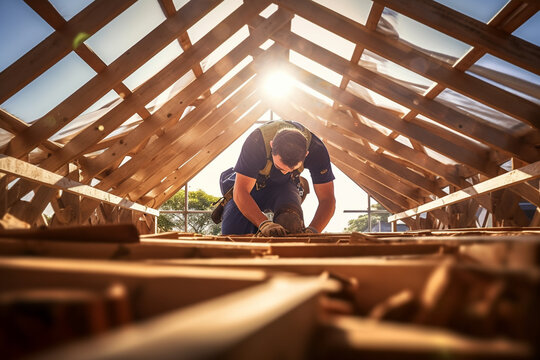 a male building tradesman works on a wooden roof structure with Generative AI