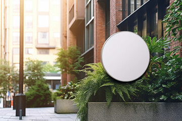 a blank white round metal sign mock up in modern urban with Generative AI