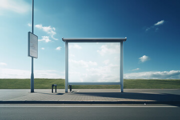 a bus stop with a large blank billboard on the pavement with Generative AI