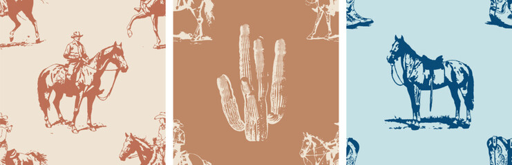 Cowboy, Cowgirl horse riding western boho vintage illustration earthy boho seamless pattern set of 3