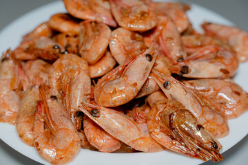 Shrimps. Cooking tiger prawns in a pan.