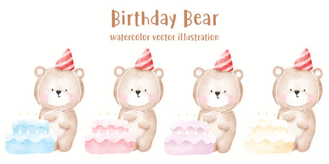 Cute Bear, Bears, watercolor bear, birthday, cute animal, vector illustration