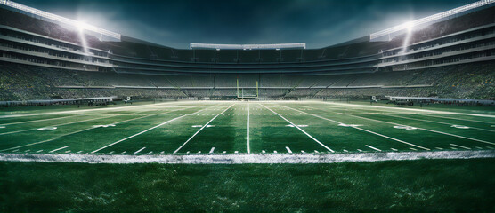 Football field illuminated by stadium lights. Generative ai
