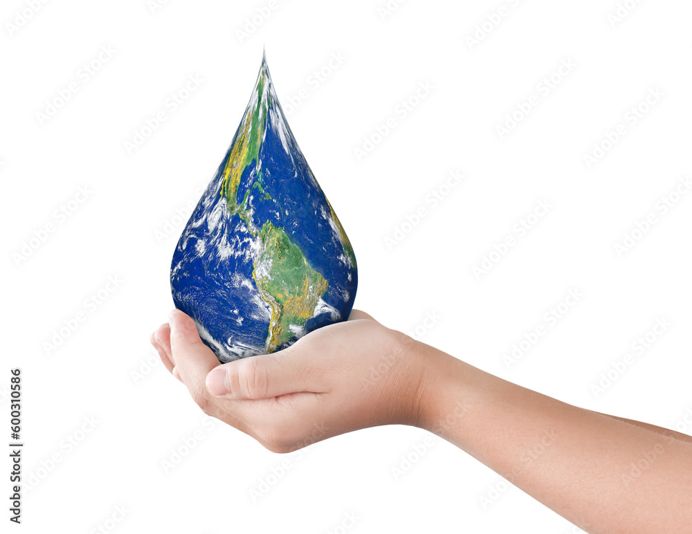 Sticker earth, globe in drop shape on hand isolated on transparent background, png file format. elements of 