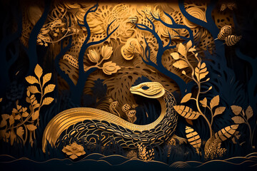 A mesmerizing silver and gold paper cut illustration of a snake in a forest at night, with intricate nature-inspired patterns. generative AI.