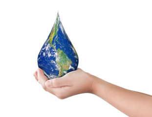 Earth, Globe in drop shape on hand isolated on transparent background, PNG File format. Elements of this image furnished by NASA