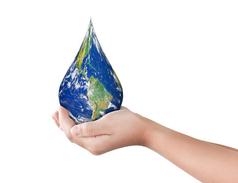 Earth, Globe in drop shape on hand isolated on transparent background, PNG File format. Elements of this image furnished by NASA