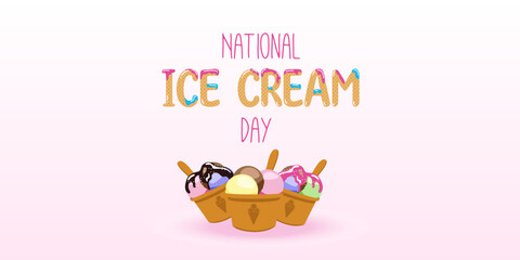 Happy National Ice Cream Day card. A waffle cone with various fruit ice cream scoops. Vector banner in flat cartoon style.