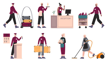 Cartoon hotel staff. Guest house professional employees. Men and women in uniform. Receptionist and porter. Bellboy carrying luggage. Maid with vacuum cleaner. Vector motel workers set