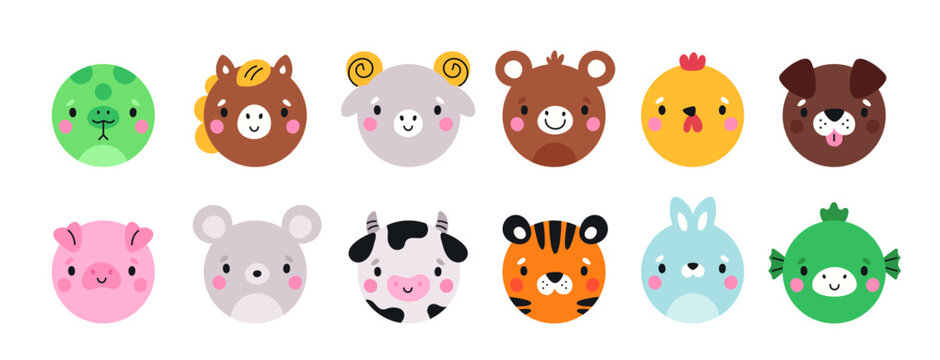 Naklejki Cartoon funny animals round faces. Fauna avatars. Circle shapes app icons. Snake and bunny muzzles. Mobile application colorful signs. Pet dog and tiger. Garish vector mammals heads set
