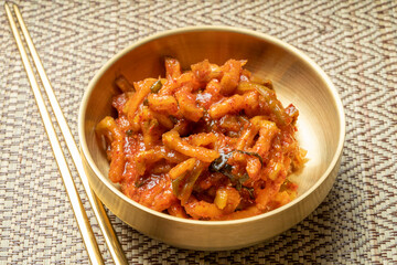Korean food side dishes, Seasoned Dried Radish, Kimchi Korean traditional food.