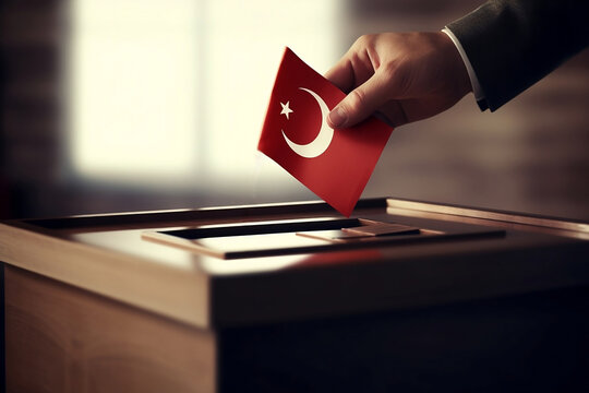 Turkish general elections 2023 concept. Close up of man inserting an envelope with the Turkish flag into a polling ballot box. Generative AI