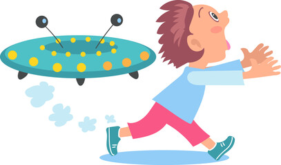 Kids fear. Frightened boy afraid of UFO. Children phobia. Scared teenager escaping from flying saucer. Anxiety imagination. Panicked young person. Horror aliens invasion. Vector concept