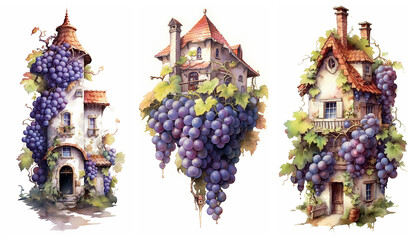 Watercolour fantasy grapes houses. Greeting cards and envelopes artwork project set.