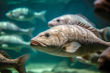 School of barramundi thriving in a aquaculture fish tank. Generative AI. - obrazy, fototapety, plakaty