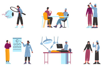 Ophthalmology elements. Cartoon optometrists consultation. Laser vision correction. Doctor checks patient eyesight. Eye pressure. Optometry diagnostic and surgery. Vector medical set