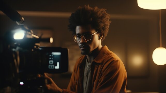 Music Video Director Male African-American Young Adult Directing And Producing Music Videos In Film Set. Generative AI AIG22.