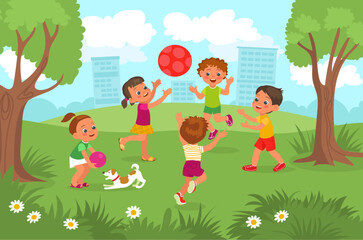 Obraz na płótnie Canvas Outdoor kids games. Little funny girls and boys throwing ball in city park. Happy friends group in nature. Preschool children playing in meadow. Summer leisure. Splendid vector concept