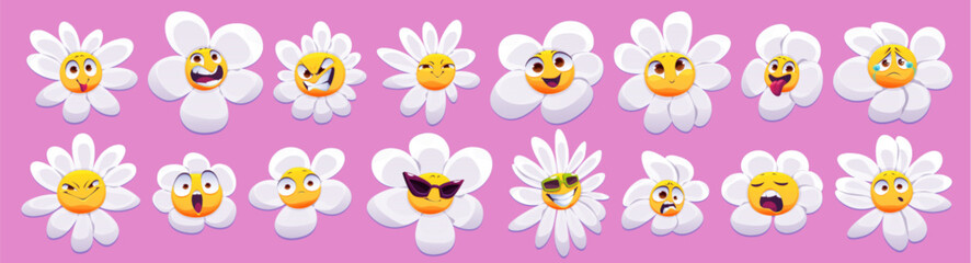 Obraz premium Chamomile flower face emotions isolated vector set. Cartoon groovy plant character icon illustration with smile, happy and crying facial expression. Y2k psychedelic pop camomile blossom avatar.