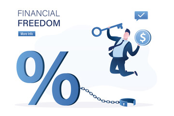 Financial freedom concept. Borrower opened shackles with key and freed himself from chain. Exemption from business problems, loans. Forced bankruptcy. Overcoming financial obstacles. - obrazy, fototapety, plakaty