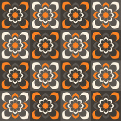 Decorative square tile, geometric background, seamless vector pattern, orange brown mosaic, textile print, wallpaper.