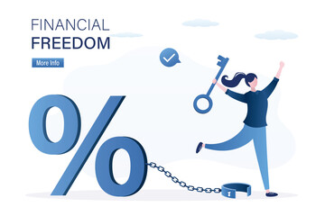 Financial freedom concept. Borrower opened shackles with key and freed himself from credit chain. Exemption from business problems and loans. Forced bankruptcy. - obrazy, fototapety, plakaty