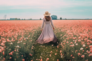 beautiful women walking in flowers blossom