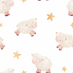 Beautiful children's seamless pattern with cute hand drawn watercolor sheep animal like cloud. Stock illustration.