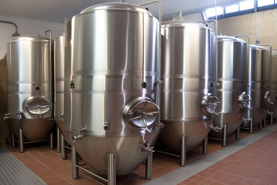 stainless container aluminum drink factory steel industry production tank alcohol. Generative AI.