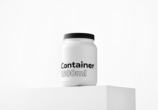 Mockup of customizable 1500ml protein powder container and label available against customizable color background