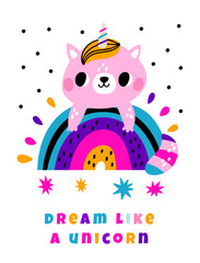 Birthday party greeting card. Cartoon unicorn cat on rainbow. Sweet pink kitten. Dreaming pet. Happy baby animal daydreaming. Fairytale cute mammal. Vector illustration banner design