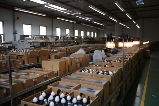 warehouse package storage box delivery cardboard shipping business distribution bulb. Generative AI.
